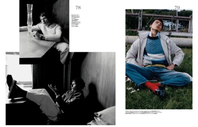 Editorial magazine layout featuring black-and-white and color portraits of a male model in casual clothing outdoors and indoors.