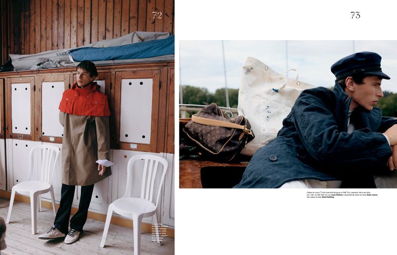 Two-page spread of a fashion editorial featuring a male model standing by wooden lockers and seated outdoors near canvas bags.