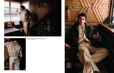 Editorial spread featuring male models in layered knitwear and trousers inside a wood-paneled interior.