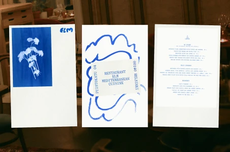 Three white paper sheets showing blue botanical cyanotype art, illustrative branding notes, and a typed restaurant menu.