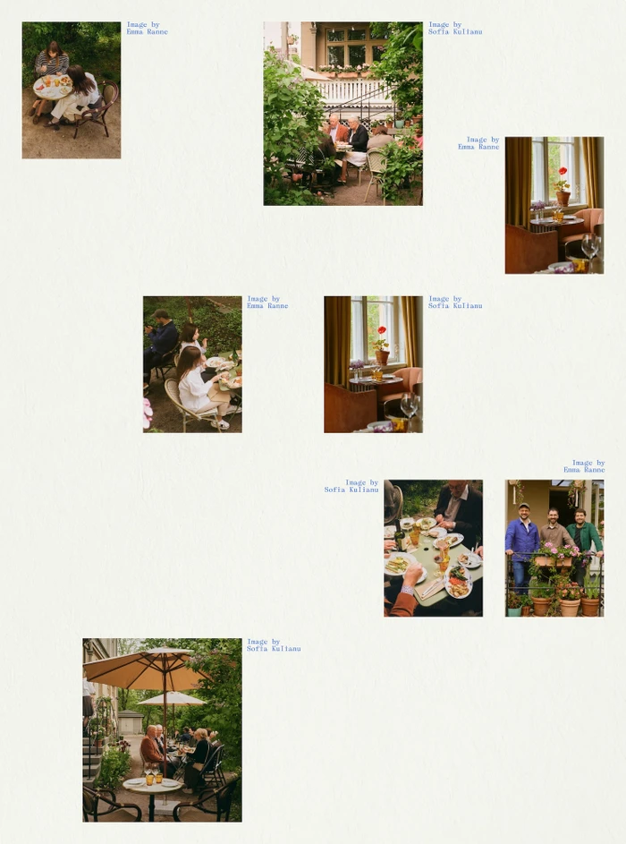 Collage of photographic prints showcasing restaurant dining scenes, interior rooms, and staff portraits on a light background