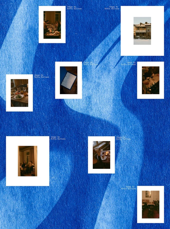 Collage of photographic prints on a textured blue illustration background for Helsinki restaurant Elm