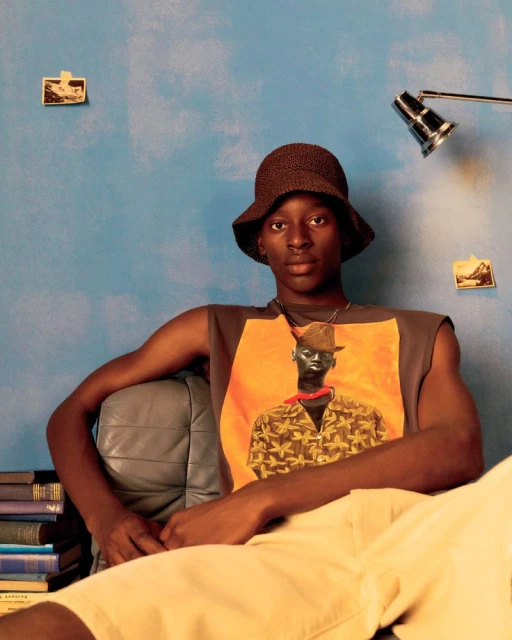 Portrait of a young Black male in a brown bucket hat and graphic sleeveless shirt, seated in a chair with books nearby, against a blue wall.