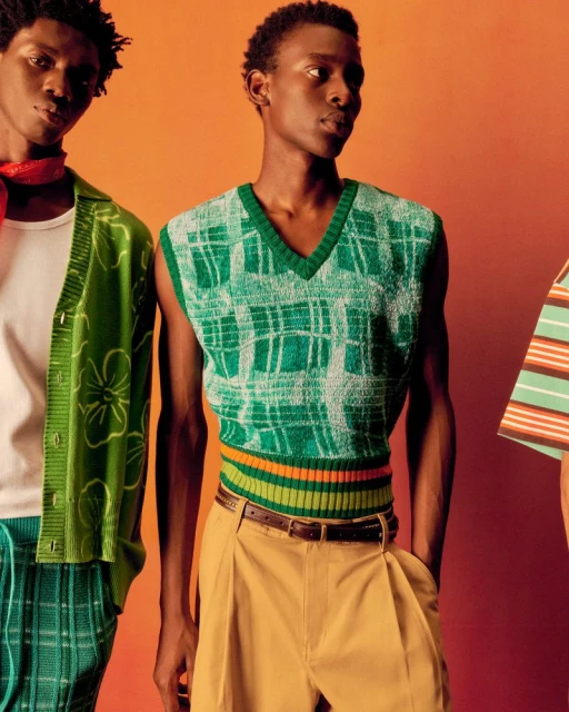 Two Black male models pose in an indoor photo studio with orange backdrop. One wears a green sweater vest and khaki pants. The other wears a white t-shirt and green floral shirt.