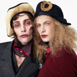 Two models posing closely in Zara Re{form} campaign wearing tailored jackets, patterned hats, and neck scarves against white.