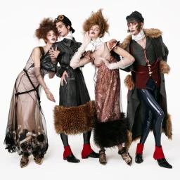 Four fashion models posing together against a plain white background wearing avant garde clothing with textured fur and sheer fabrics