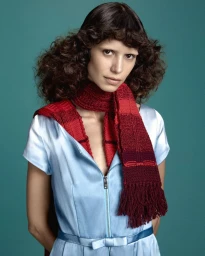 Model Mica Argañaraz wearing a blue zipped dress and red knitted scarf against a turquoise backdrop