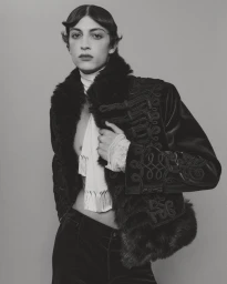 Model in an ornate embroidered velvet jacket with faux fur trim and a white scarf against a seamless grey backdrop.
