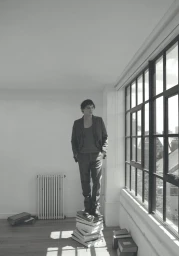 Actor Frank Dillane standing on a stack of books by a large grid window in a bright room for Crash Magazine