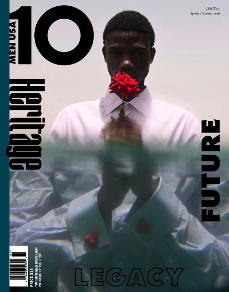 Model Lammy Ajibola holding a red rose underwater in a white shirt for 10 Men Magazine, photographed by Mous Lamrabat