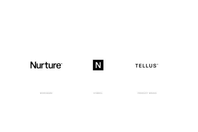 Nurture brand identity showcase displaying wordmark, symbol, and Tellus product brand typography