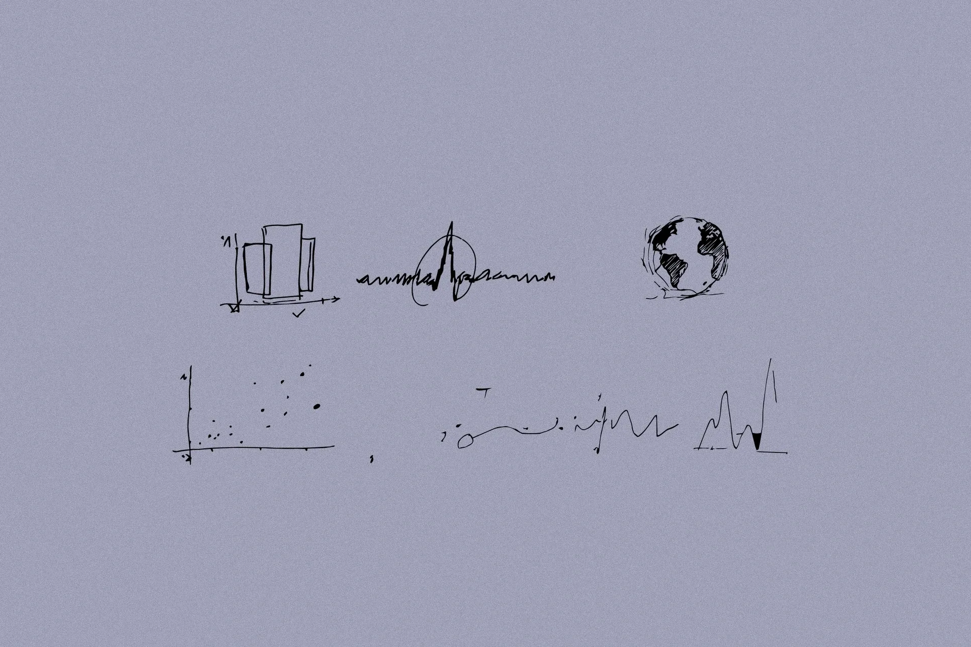 Hand-drawn black ink sketches of data charts, audio waveforms, and a globe set against a textured grey background.