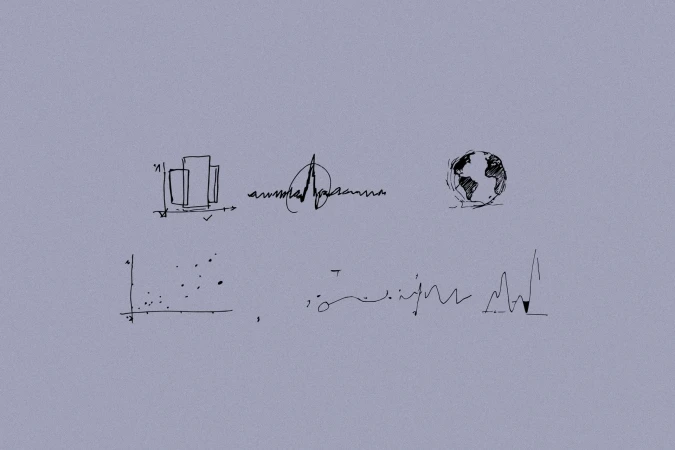 Hand-drawn black ink sketches of data charts, audio waveforms, and a globe set against a textured grey background.