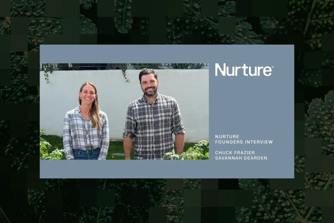 Two founders standing outdoors in front of a white wall, framed within a Nurture brand layout with interview text.