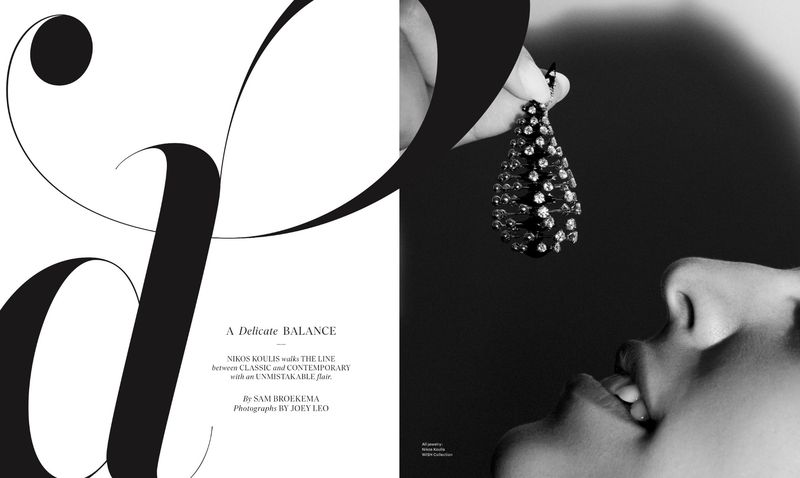 Black-and-white fashion beauty shot of a woman wearing a jeweled earring, with text overlay in a magazine layout.
