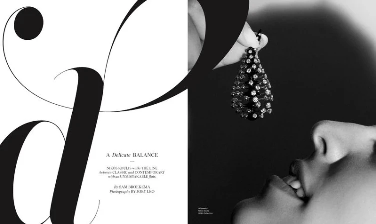 Black-and-white fashion beauty shot of a woman wearing a jeweled earring, with text overlay in a magazine layout.