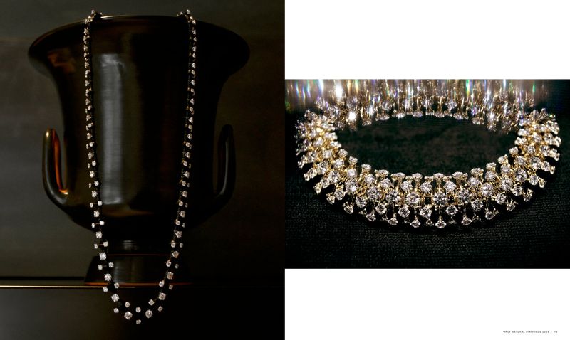 Two diamond necklaces displayed against a dark background, one draped over a dark urn and one laid flat showing sparkle and detail.