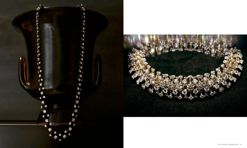 Two diamond necklaces displayed against a dark background, one draped over a dark urn and one laid flat showing sparkle and detail.