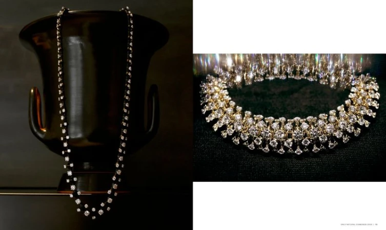 Two diamond necklaces displayed against a dark background, one draped over a dark urn and one laid flat showing sparkle and detail.