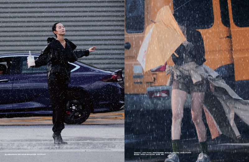 Diptych fashion editorial featuring a model in rain standing by a car and holding an umbrella