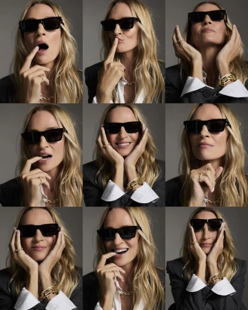 Uma Thurman in a dark blazer and white shirt wearing sunglasses in a multi-panel portrait grid by David Roemer.