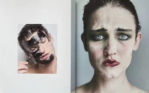 Close-up portraits of two models with expressive makeup and face treatments for Dirty Talk by Emil Dietrich.