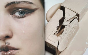 Close-up portrait of a model with dramatic eye makeup and a tear, paired with a cracked cosmetic bottle spilling foundation.