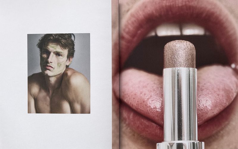 Split view showing a portrait inset on the left and a close-up of lips with a metallic lipstick on the right.