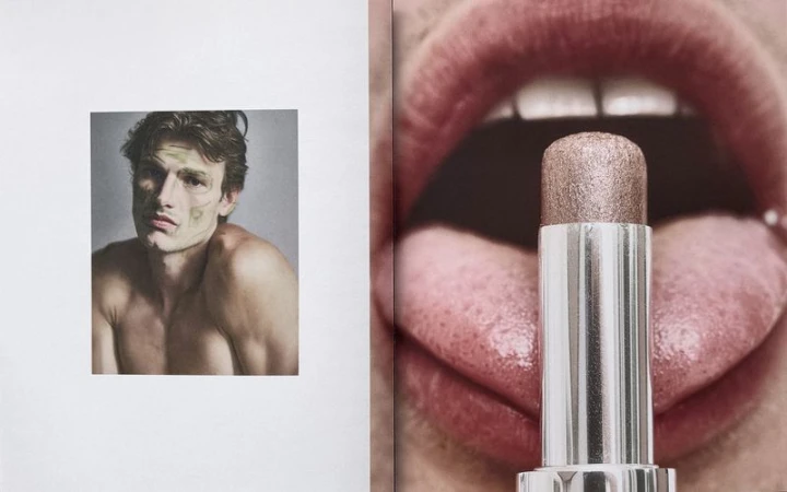 Split view showing a portrait inset on the left and a close-up of lips with a metallic lipstick on the right.