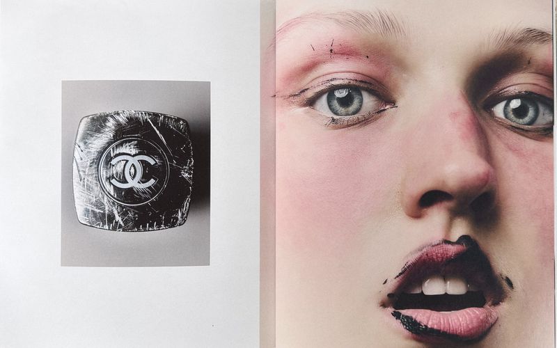 Close-up portrait of a model with artistic makeup next to an inset image of a compact case with a double C logo.