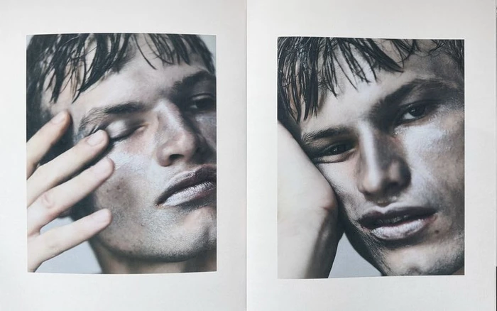 Two close-up portraits of a male model with wet hair and expressive posing against a pale background for Dirty Talk by Emil Dietrich.