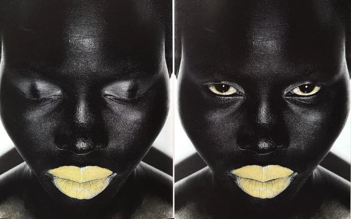 Close-up split portrait of a black model with dark skin, dark body paint, and contrasting pale yellow lipstick.