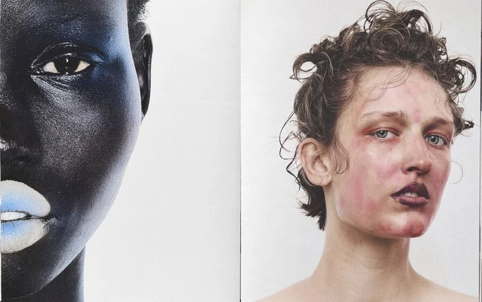 Close-up portrait of two models featuring contrasting dramatic makeup against a neutral white background