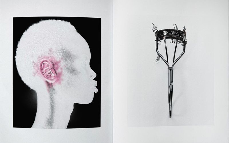 Editorial spread featuring a profile portrait of a person with highlighted ear and an eyelash curler on white background