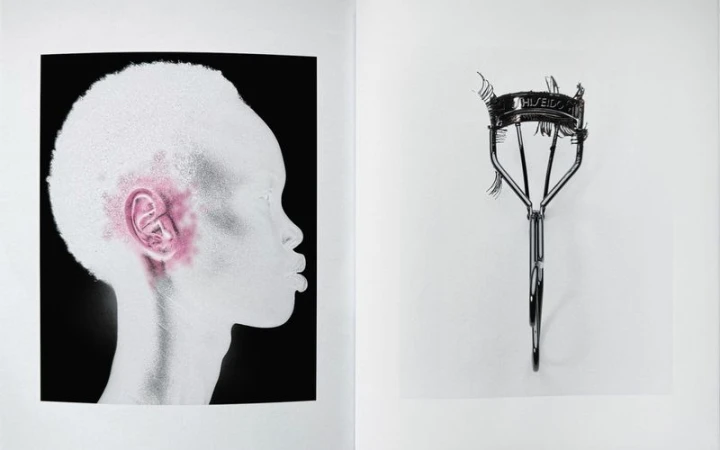 Editorial spread featuring a profile portrait of a person with highlighted ear and an eyelash curler on white background