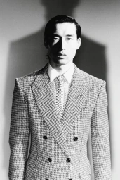 Monochrome portrait of a man wearing a double-breasted patterned suit jacket and patterned tie against a plain backdrop