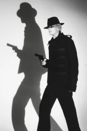 Model in black fedora holding a handgun against a white backdrop with a dramatic large shadow casting a silhouette holding a gun