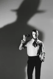 Model wearing a striped shirt and neck scarf, holding a vintage camera against a light background with a dramatic shadow above.