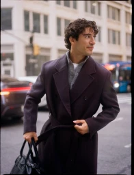 Man wearing a dark belted coat over a grey cardigan holding a black bag on a city street