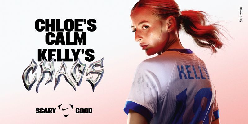 Portrait of soccer player Chloe Kelly in a jersey with the word 'KELLY' visible, set against a backdrop with graphic typography.