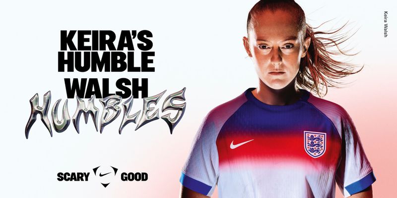 Keira Walsh sports promo image. Adult female soccer player in uniform, close-up shot against a bright gradient backdrop with bold typography.