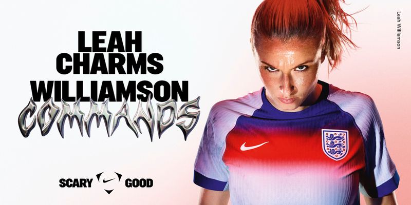 Leah Williamson stares intensely, wearing the England soccer jersey in a close-up studio shot against a bright background with bold text.