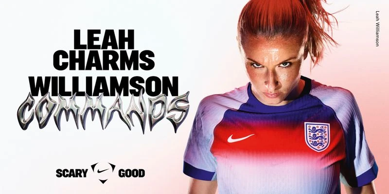 Leah Williamson wearing an England football jersey with metallic typography overlay against a white backdrop