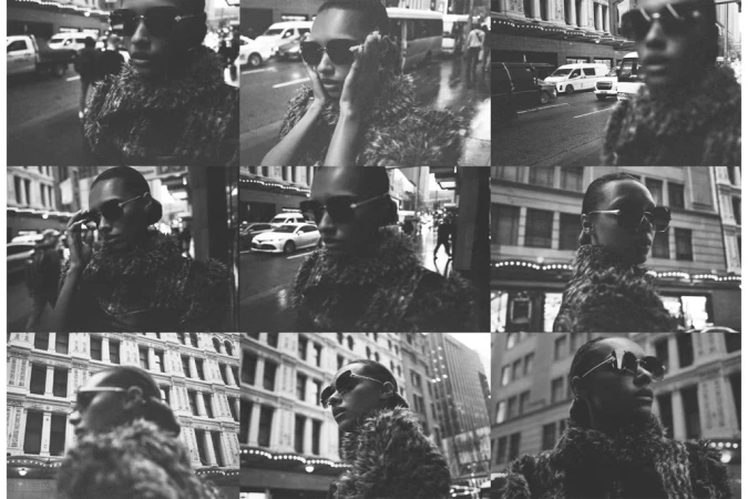Sophie Wilde wearing sunglasses and a textured coat in a multi-panel black and white street editorial for Vogue Australia.