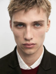 Close-up portrait of a young man with blonde hair and blue eyes wearing a dark jacket over a plaid shirt.