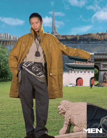 Model Xu Meen wearing a mustard jacket and dark trousers in a mixed collage editorial by Sungjae Oh for Noblesse Korea.