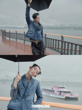 Split-frame fashion editorial featuring model Minki Kwon holding an umbrella by a river for Cosmopolitan Korea photographed by Sin ae Kim.