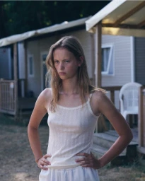 Young female model wearing a white ribbed tank top outdoors in front of a residential building exterior.