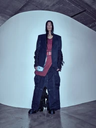Model with long dark hair wearing a structured blazer over a burgundy top and dark oversized trousers standing against a white backdrop.