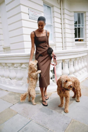 Model in a brown midi dress walking two golden curly-haired dogs on a London street.